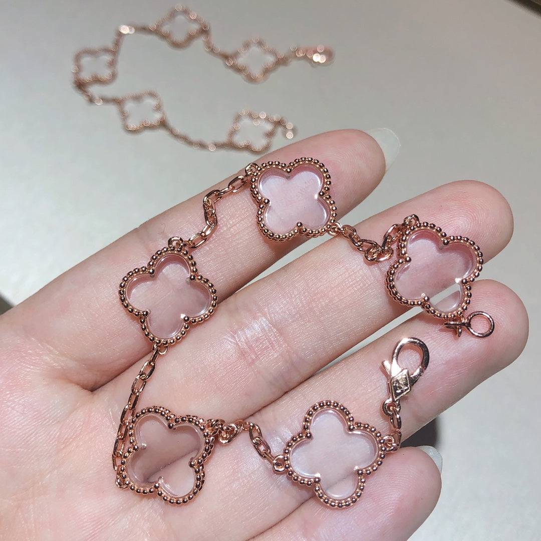 [Clover-Jewelry]CLOVER 5 MOTIF ROCK CRYSTAL PINK GOLD BRACELET