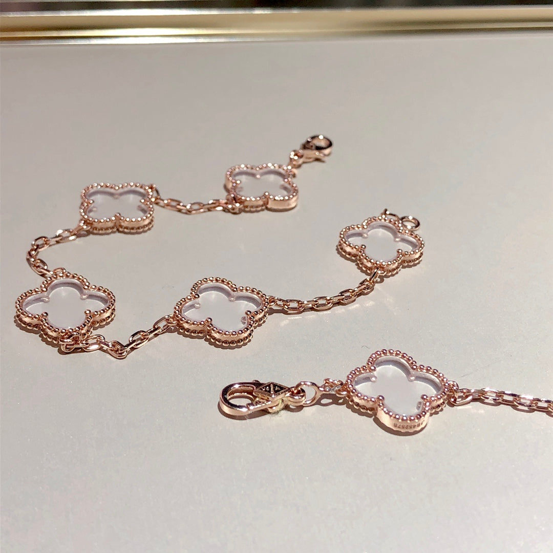 [Clover-Jewelry]CLOVER 5 MOTIF ROCK CRYSTAL PINK GOLD BRACELET