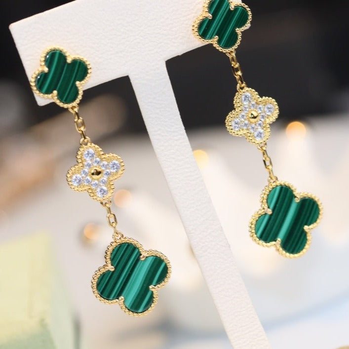 [Clover-Jewelry]CLOVER EARRINGS GOLD MALACHITE DIAMOND 3 MOTIF