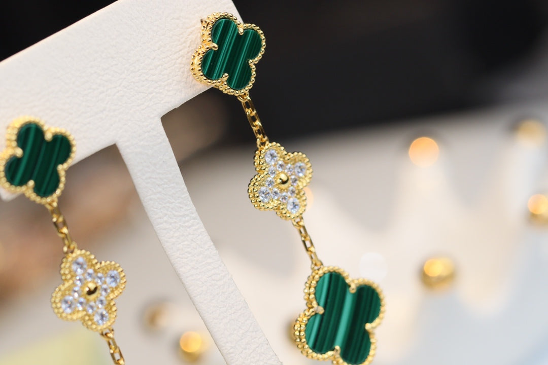 [Clover-Jewelry]CLOVER EARRINGS GOLD MALACHITE DIAMOND 3 MOTIF