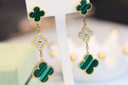 [Clover-Jewelry]CLOVER EARRINGS GOLD MALACHITE DIAMOND 3 MOTIF