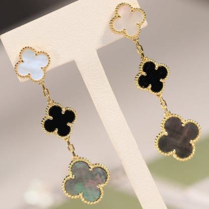 [Clover-Jewelry]CLOVER EARRINGS GOLD ONYX MOP 3 MOTIF