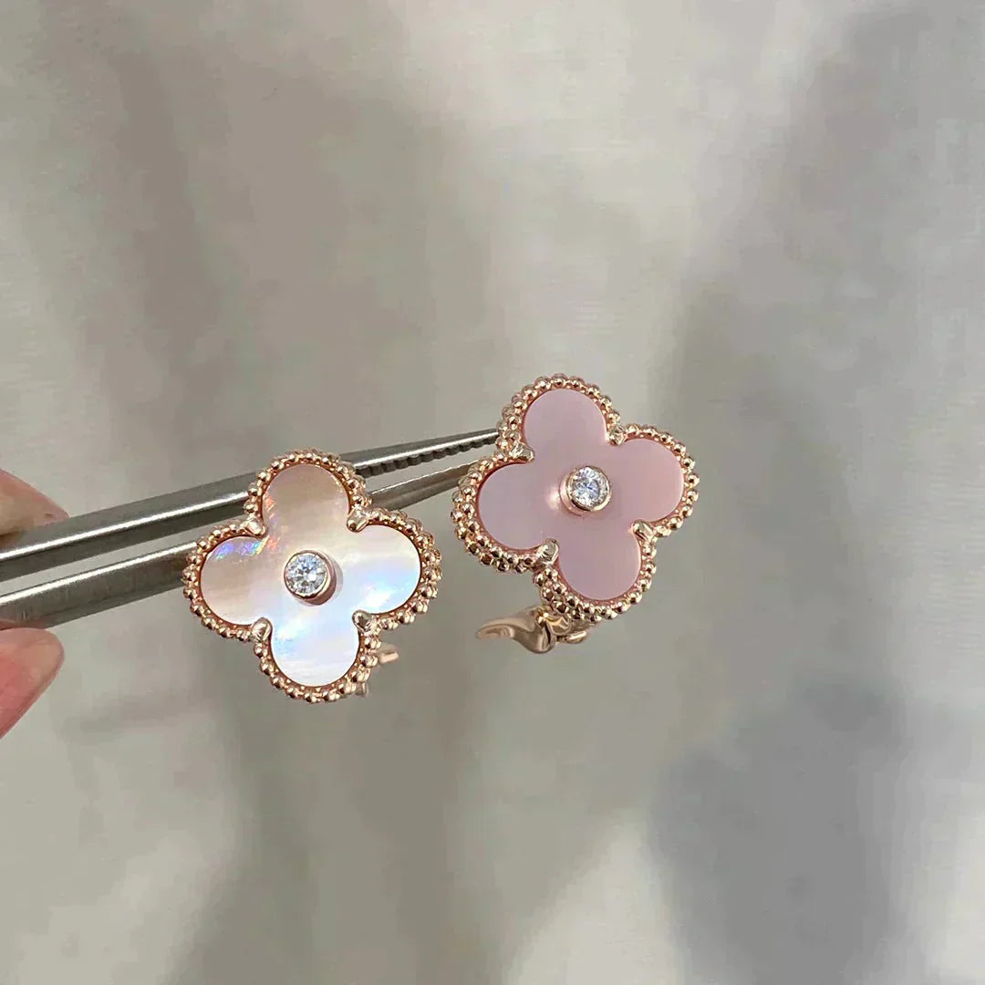 [Clover-Jewelry]CLOVER MEDIUM 1 MOTIFS  PINK MOP DIAMOND EARRINGS