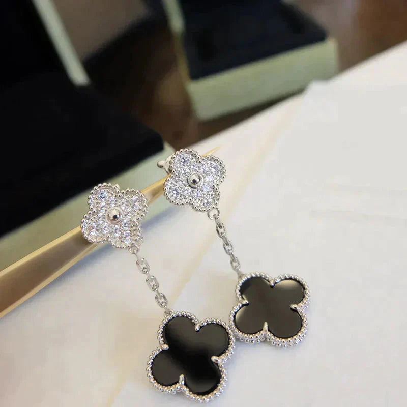 [Clover-Jewelry]CLOVER 2 MOTIFS  DIAMOND ONYX EARRINGS SILVER