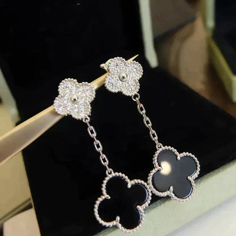 [Clover-Jewelry]CLOVER 2 MOTIFS  DIAMOND ONYX EARRINGS SILVER