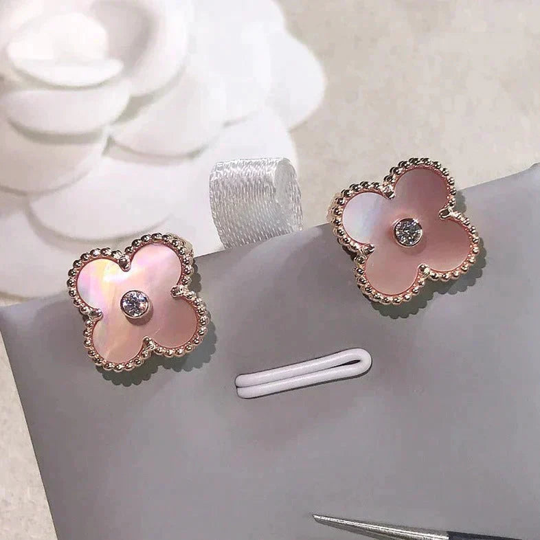 [Clover-Jewelry]CLOVER MEDIUM 1 MOTIFS  PINK MOP DIAMOND EARRINGS