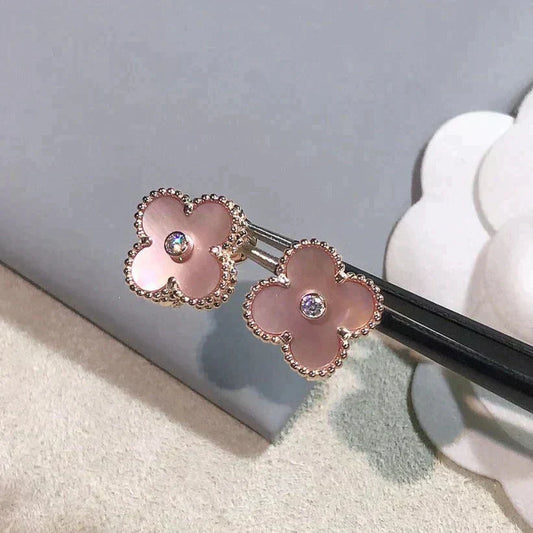 [Clover-Jewelry]CLOVER MEDIUM 1 MOTIFS  PINK MOP DIAMOND EARRINGS