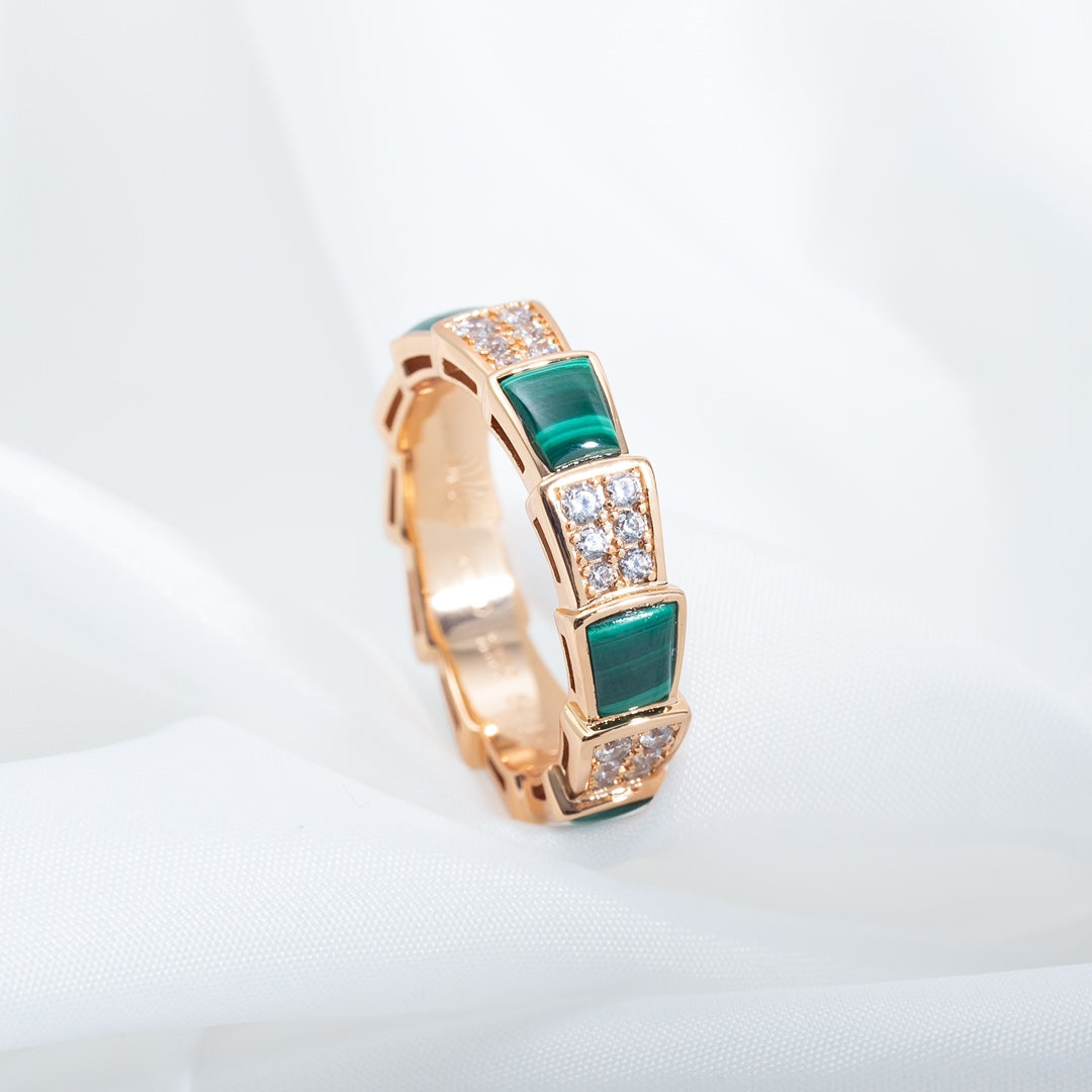 [Clover-Jewelry]SERPENTI RING PINK GOLD MALACHITE DIAMOND PAVED 4MM