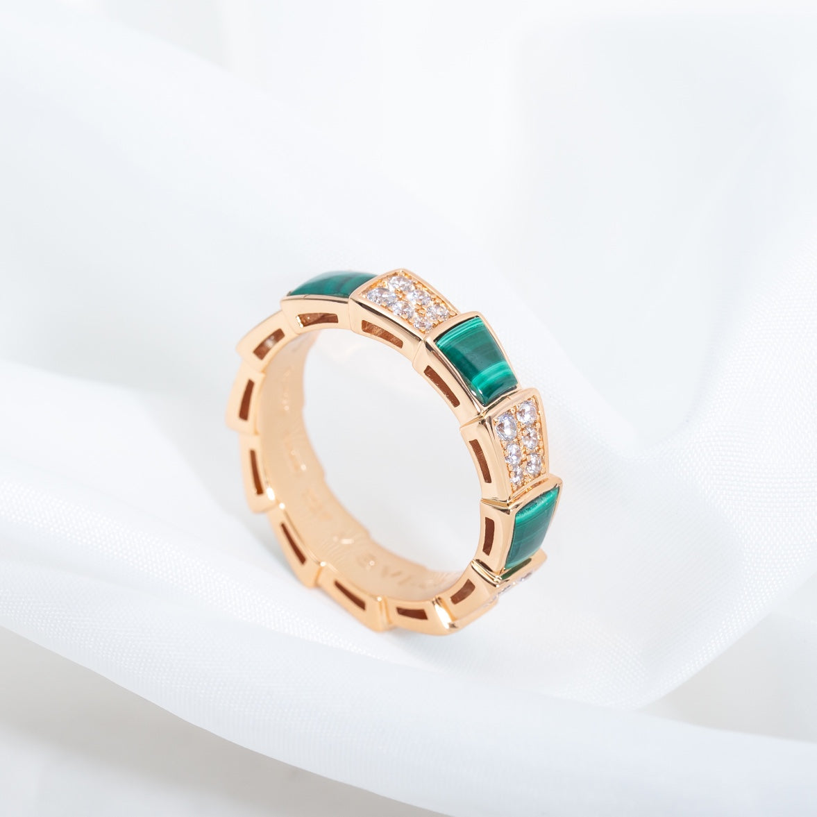 [Clover-Jewelry]SERPENTI RING PINK GOLD MALACHITE DIAMOND PAVED 4MM