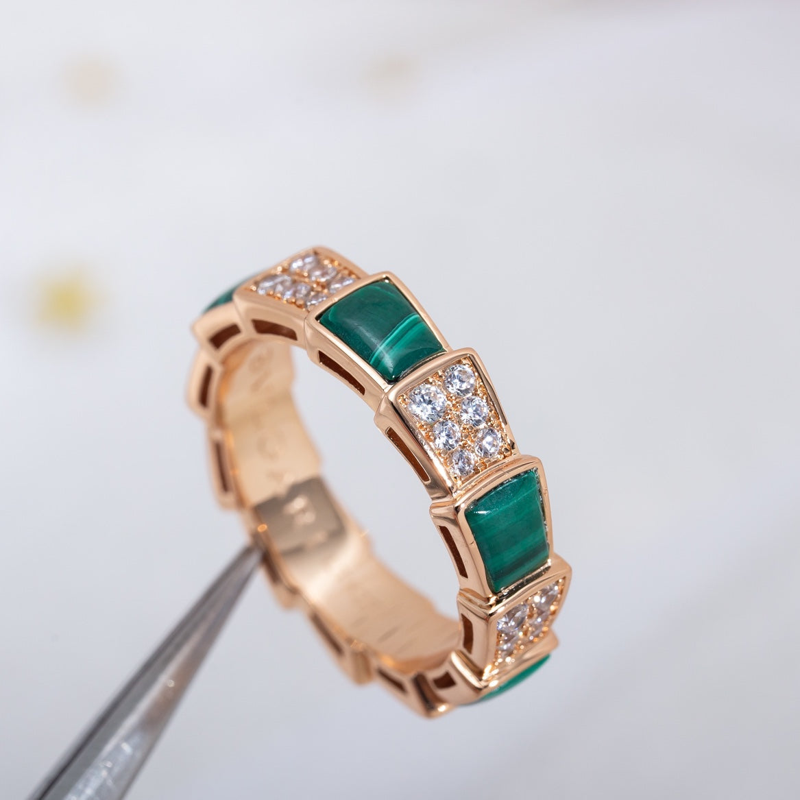 [Clover-Jewelry]SERPENTI RING PINK GOLD MALACHITE DIAMOND PAVED 4MM