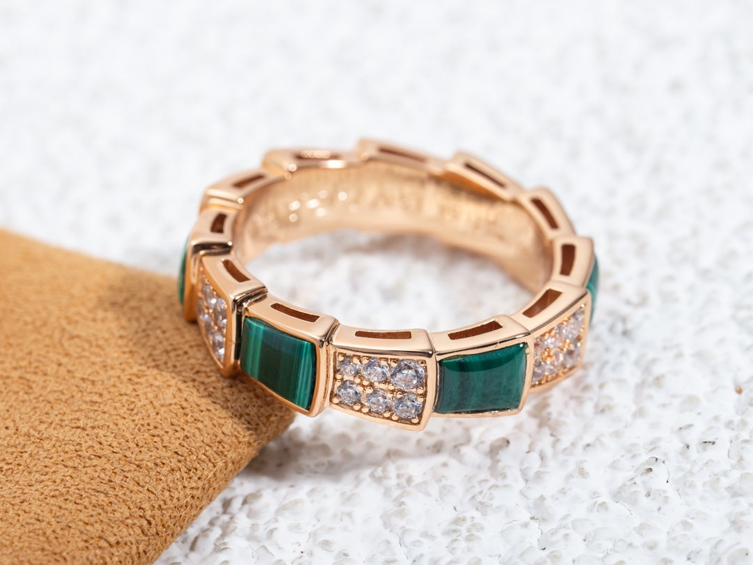 [Clover-Jewelry]SERPENTI RING PINK GOLD MALACHITE DIAMOND PAVED 4MM