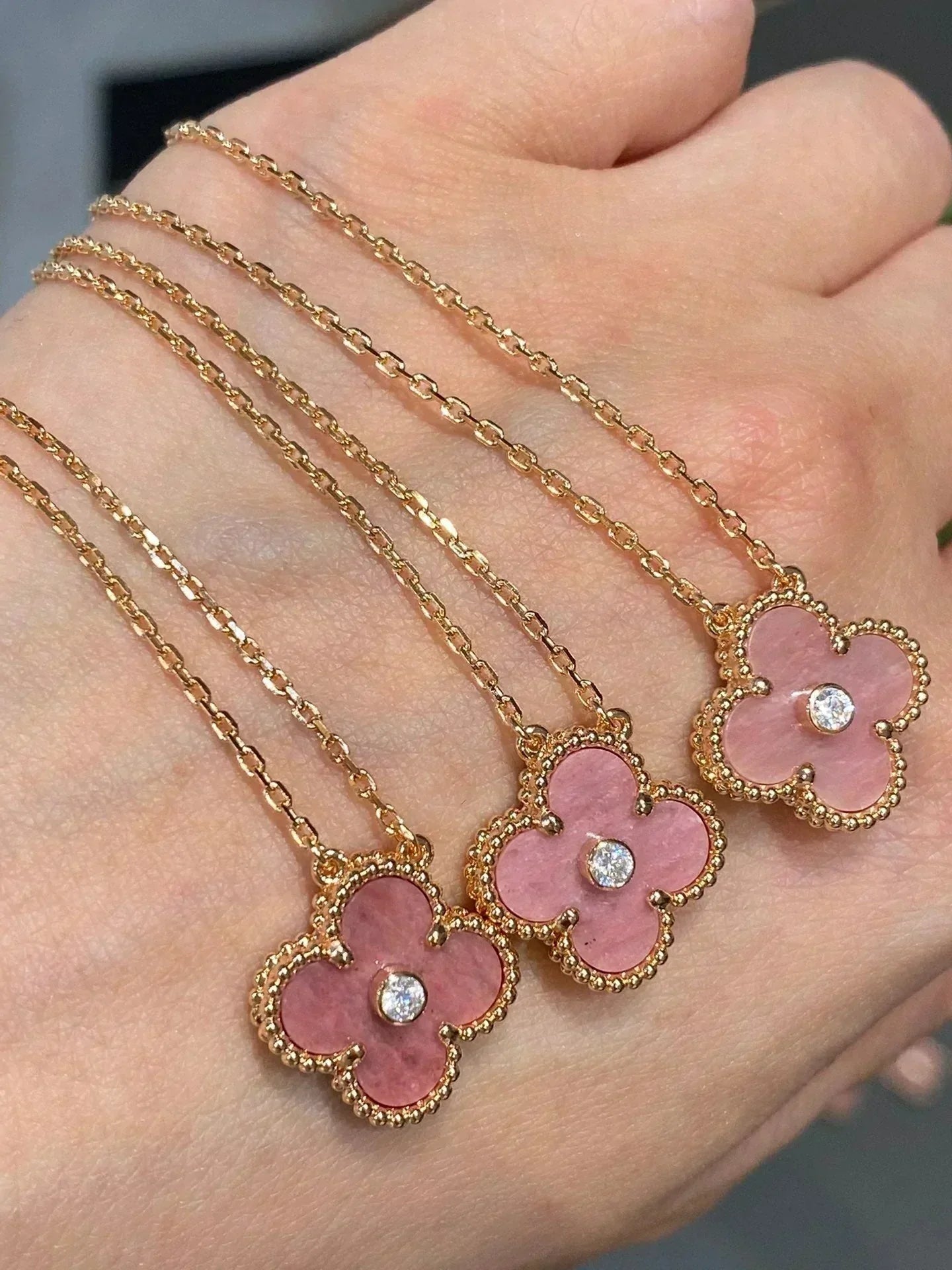 [Clover-Jewelry]CLOVER 15MM DIAMOND RHODONITE NECKLACE