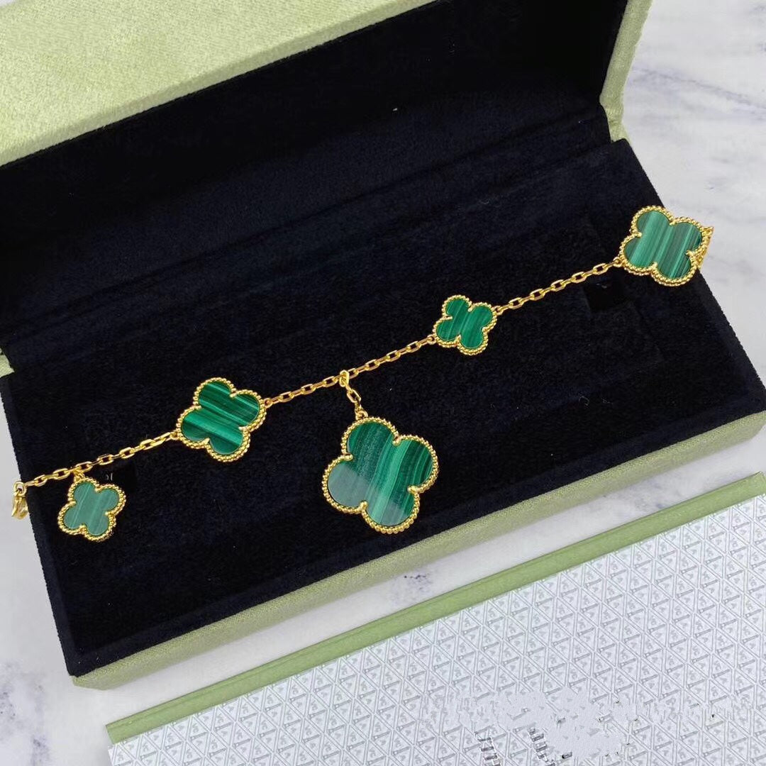 [Clover-Jewelry]MAGIC CLOVER MALACHITE GOLD BRACELET 5 MOTIFS