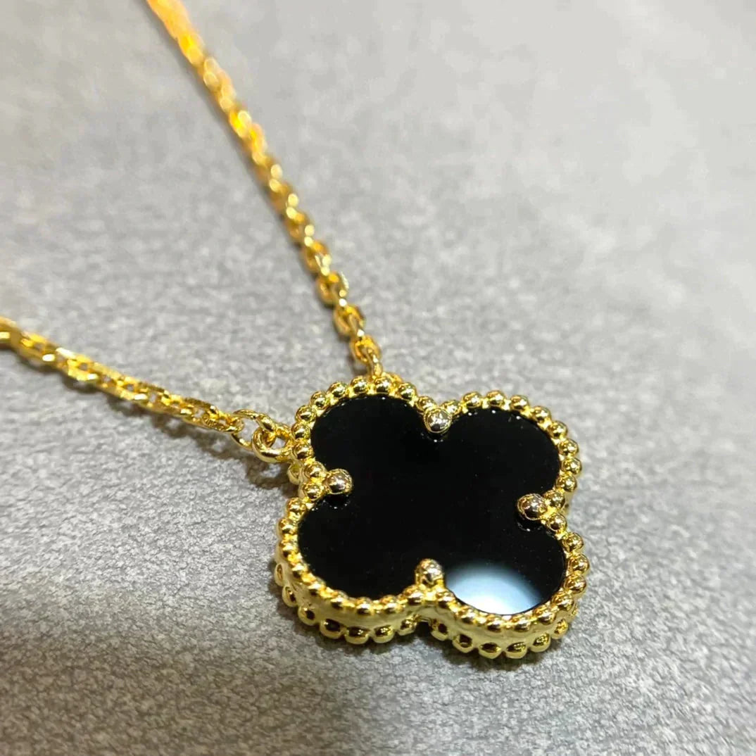 [Clover-Jewelry]CLOVER 15MM BLACK ONYX SINGLE FLOWER NECKLACE