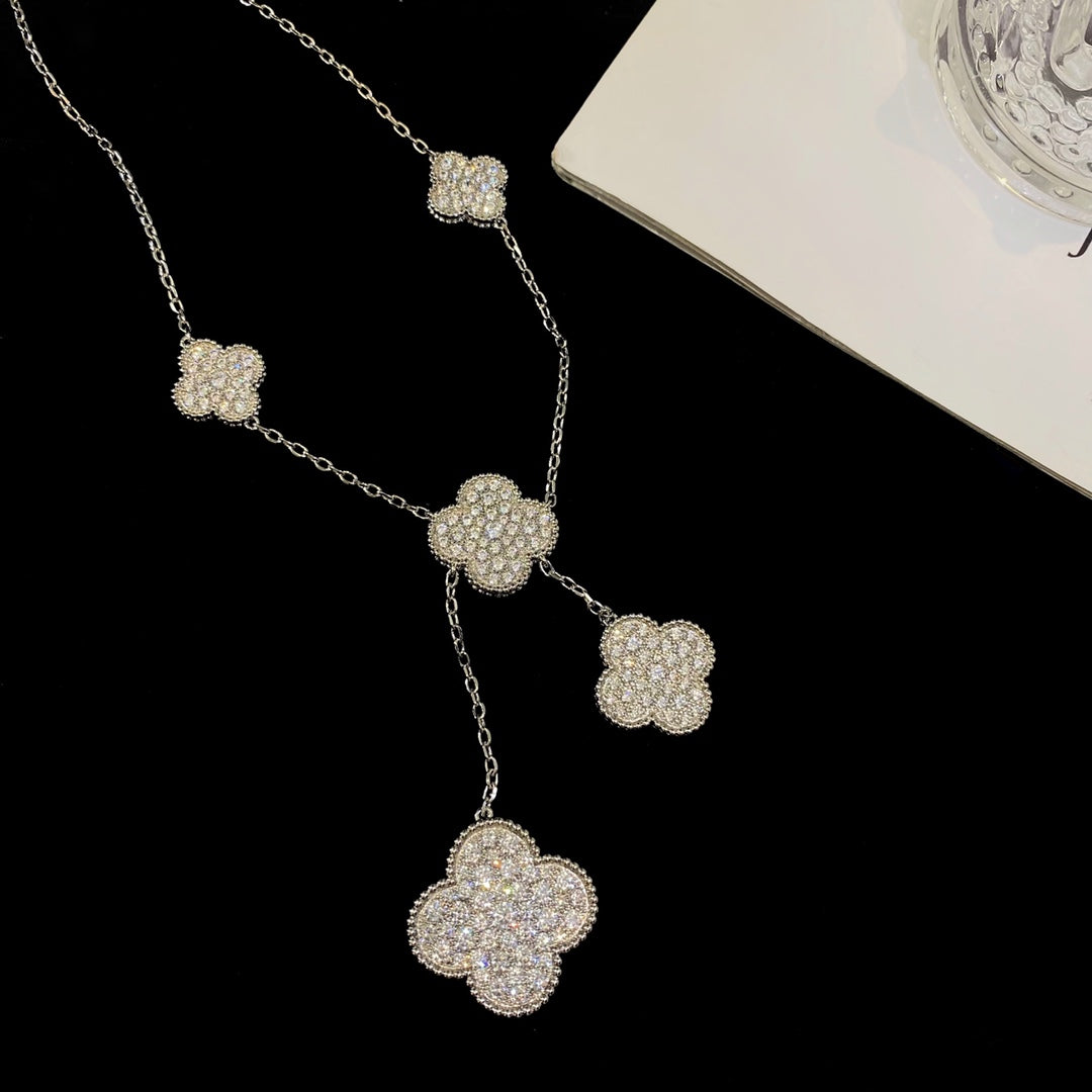 [Clover-Jewelry]CLOVER 5 MOTIFS SILVER DIAMONDS NECKLACE