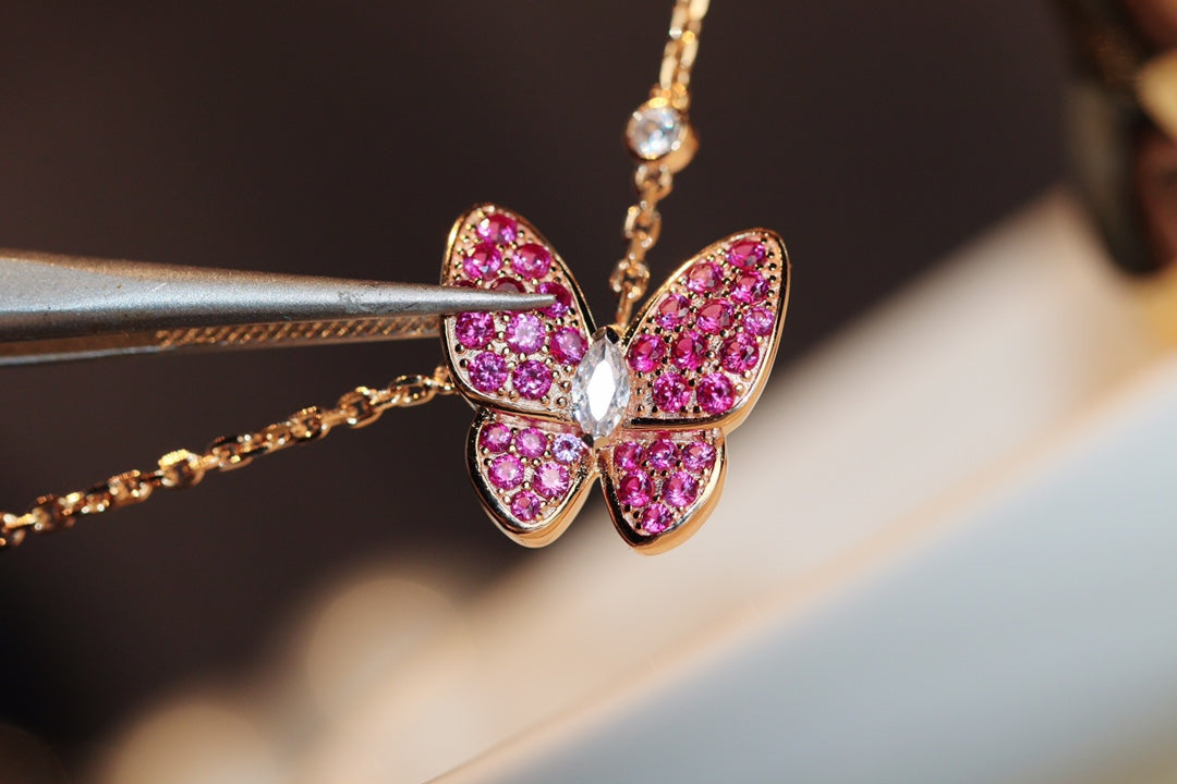 [Clover-Jewelry]BUTTERFLY RED DIAMOND ROSE GOLD NECKLACE