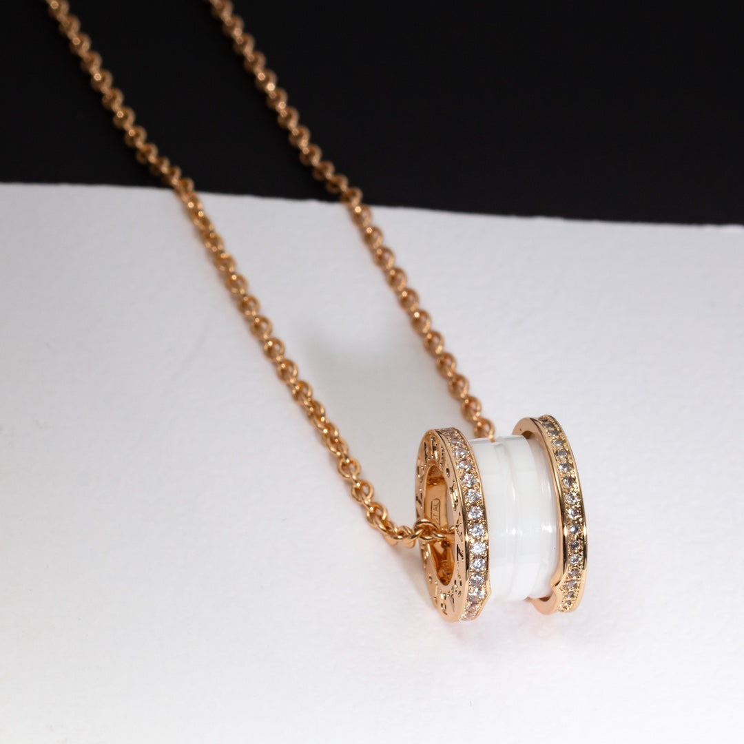 [Clover-Jewelry]ZERO 1 WHITE CERAMIC PINK GOLD DIAMOND NECKLACE