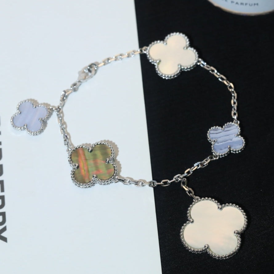 [Clover-Jewelry]CLOVER BRACELET 5 MOTIFS MOP CHALCEDONY SILVER