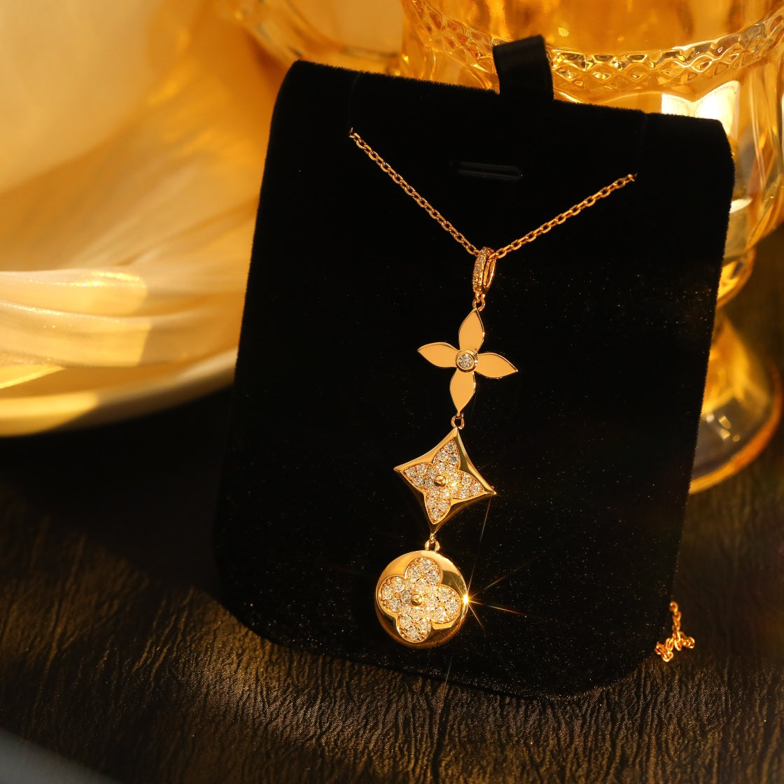 [Clover-Jewelry]STAR AND SUN DIAMOND PINK GOLD NECKLACE