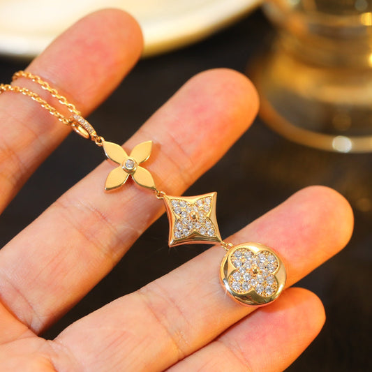 [Clover-Jewelry]STAR AND SUN DIAMOND PINK GOLD NECKLACE