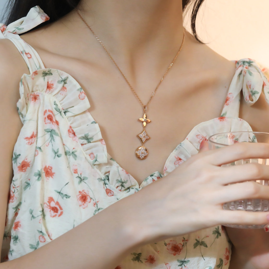 [Clover-Jewelry]STAR AND SUN DIAMOND PINK GOLD NECKLACE