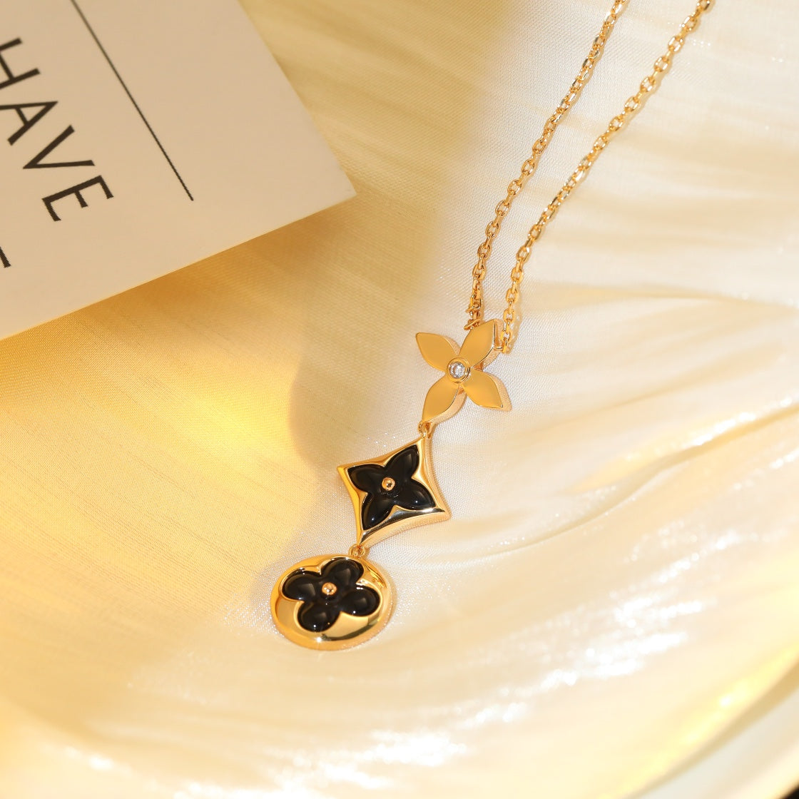 [Clover-Jewelry]STAR AND SUN ONYX PINK GOLD NECKLACE