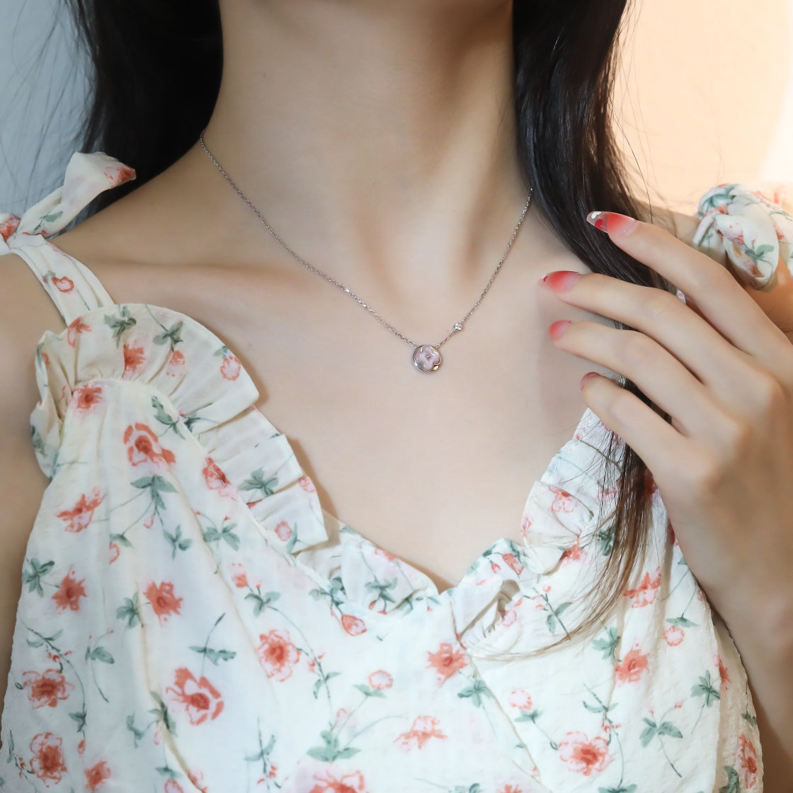 [Clover-Jewelry]SUN PEDANT PINK GOLD 1 DIAMOND NECKLACE