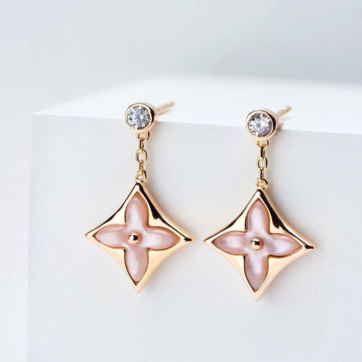 [Clover-Jewelry]DOUBLE STAR PINK GOLD MOP DROP EARRINGS