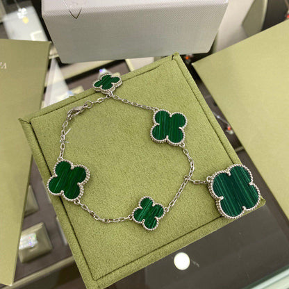 [Clover-Jewelry]CLOVER 5 MOTIFS SIVLER MALACHITE BRACELET