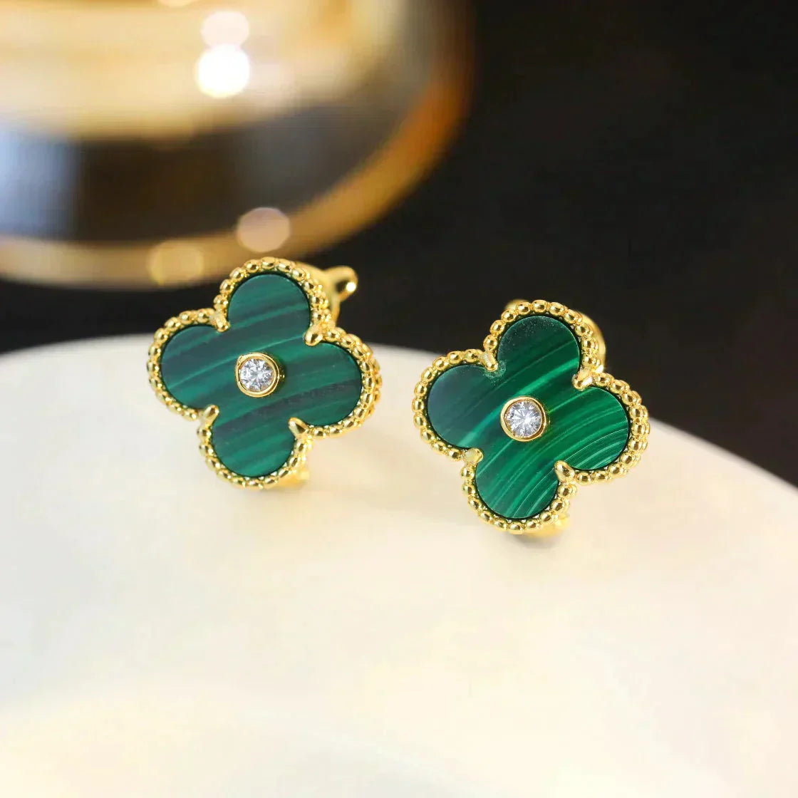 [Clover-Jewelry]CLOVER MEDIUM 1 MOTIFS MALACHITE DIAMOND EARRINGS