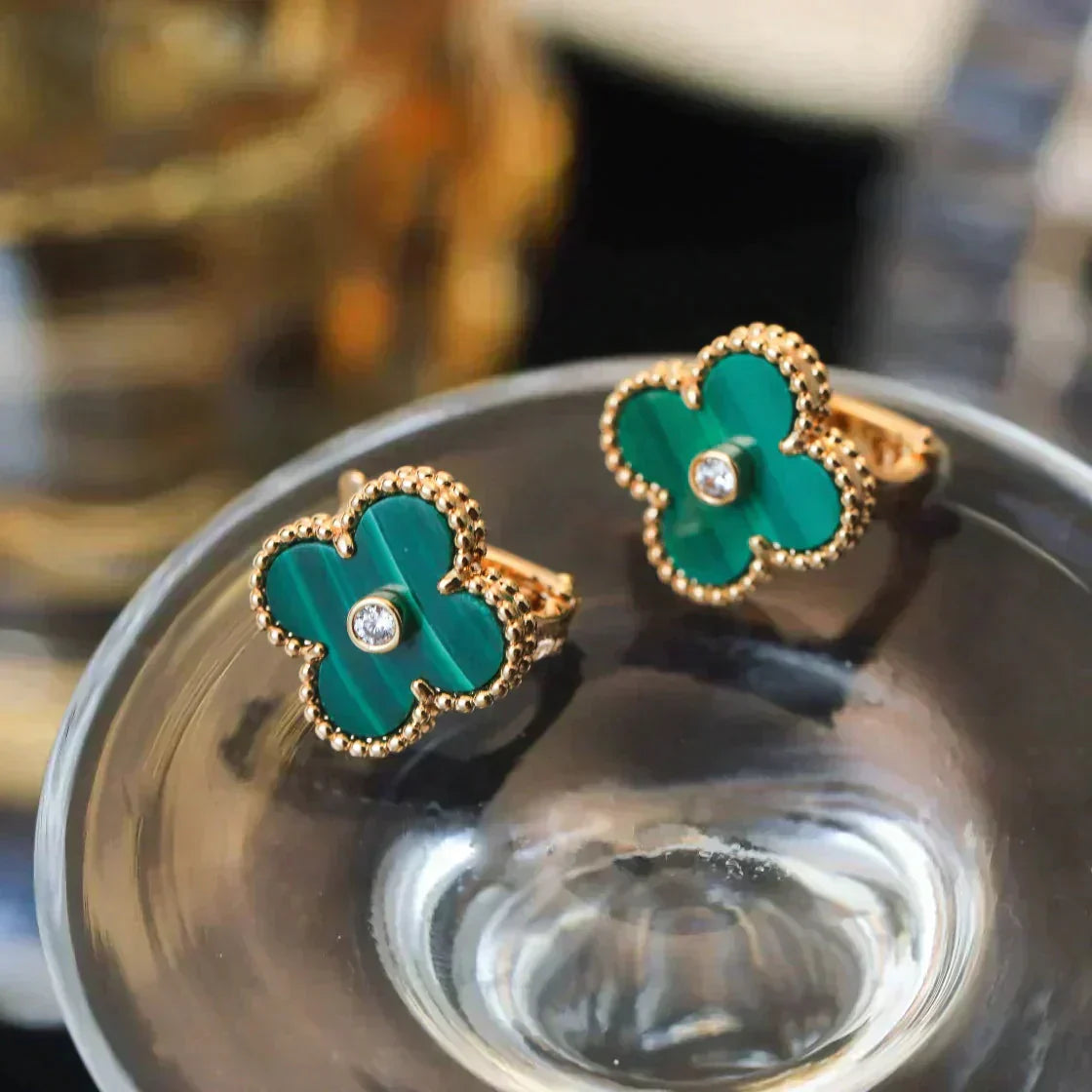 [Clover-Jewelry]CLOVER MEDIUM 1 MOTIFS MALACHITE DIAMOND EARRINGS