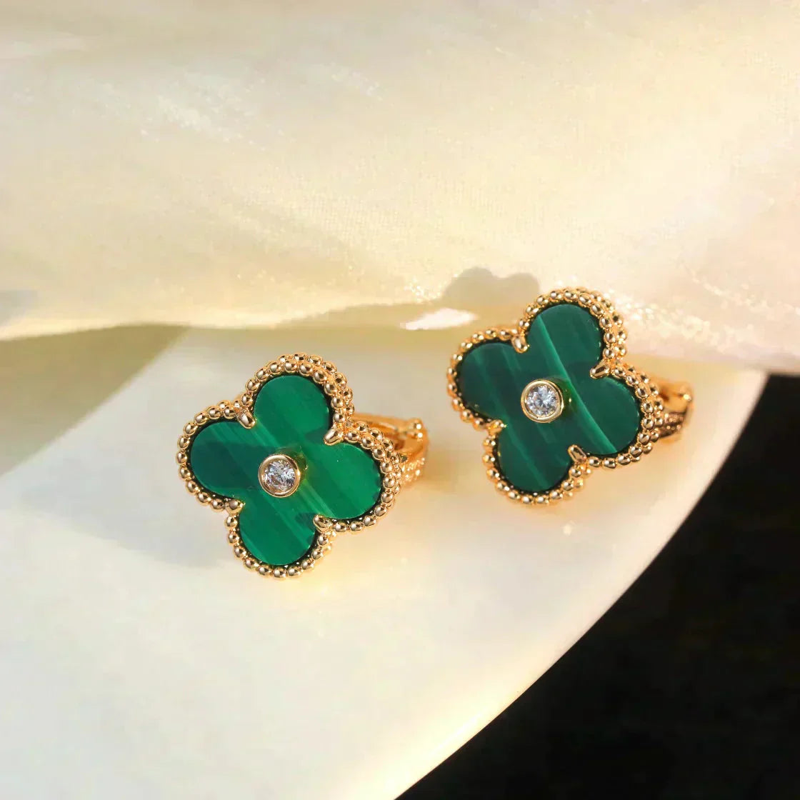 [Clover-Jewelry]CLOVER MEDIUM 1 MOTIFS MALACHITE DIAMOND EARRINGS