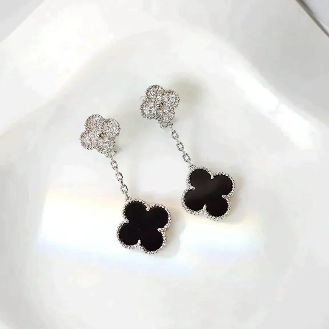 [Clover-Jewelry]CLOVER 2 MOTIFS  DIAMOND ONYX EARRINGS SILVER