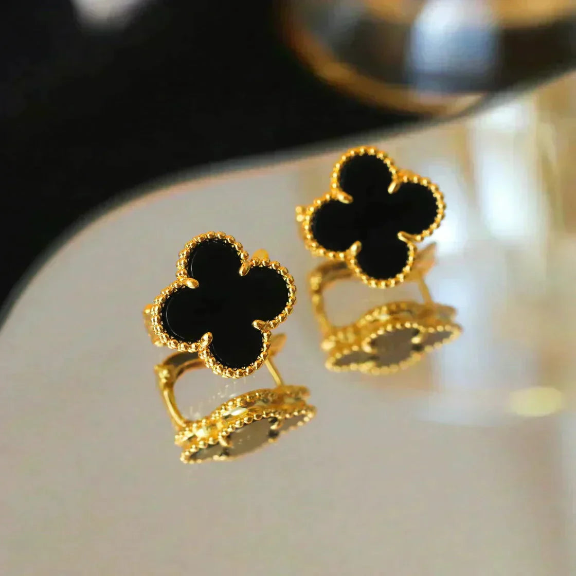 [Clover-Jewelry]CLOVER MEDIUM 1 MOTIFS  ONYX STUD EARRINGS