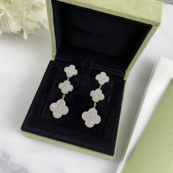 [Clover-Jewelry]CLOVER 3 MOTIF DIAMOND SILVER DROP EARRINGS