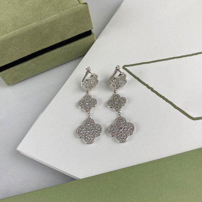 [Clover-Jewelry]CLOVER 3 MOTIF DIAMOND SILVER DROP EARRINGS