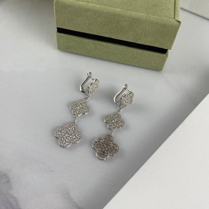 [Clover-Jewelry]CLOVER 3 MOTIF DIAMOND SILVER DROP EARRINGS