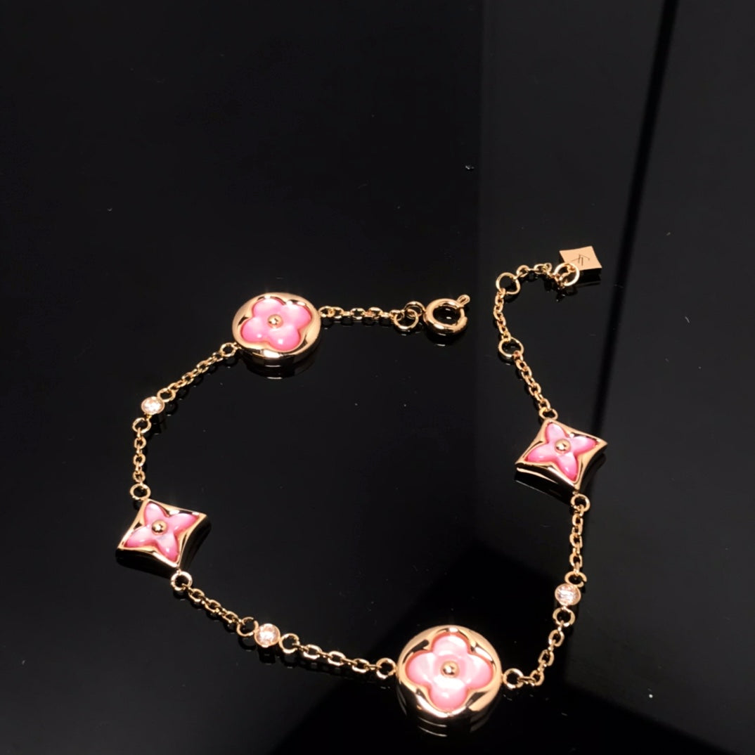 [Clover-Jewelry]STAR AND SUN 4 MOTIF PINK MOP PINK GOLD BRACELET