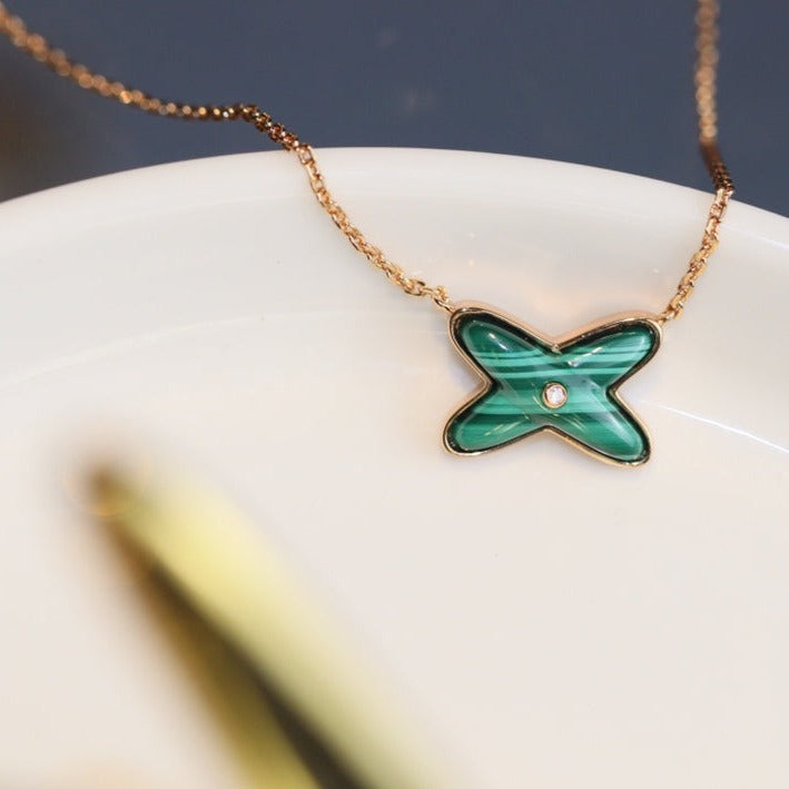 [Clover-Jewelry]JEUX MALACHITE 1 DIAMOND PINK GOLD NECKLACE