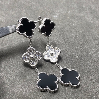 [Clover-Jewelry]CLOVER 3 MOTIF DIAMOND ONYX SILVER EARRINGS