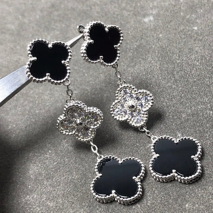 [Clover-Jewelry]CLOVER 3 MOTIF DIAMOND ONYX SILVER EARRINGS