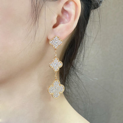 [Clover-Jewelry]CLOVER 3 MOTIFS DIAMOND PAVED ROSE GOLD EARRINGS