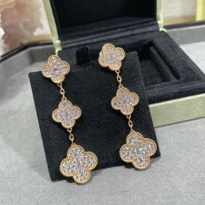 [Clover-Jewelry]CLOVER 3 MOTIFS DIAMOND PAVED ROSE GOLD EARRINGS