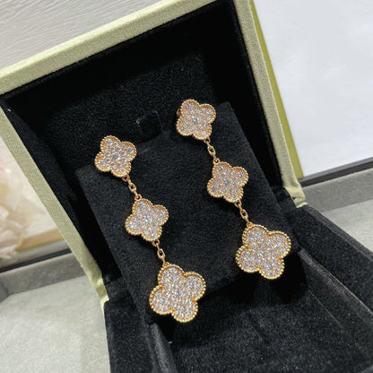 [Clover-Jewelry]CLOVER 3 MOTIFS DIAMOND PAVED ROSE GOLD EARRINGS