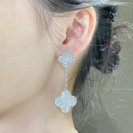 [Clover-Jewelry]CLOVER 2 MOTIFS DIAMOND PAVED SILVER EARRINGS