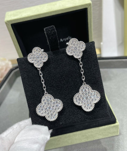 [Clover-Jewelry]CLOVER 2 MOTIFS DIAMOND PAVED SILVER EARRINGS