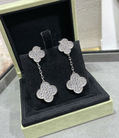 [Clover-Jewelry]CLOVER 2 MOTIFS DIAMOND PAVED SILVER EARRINGS