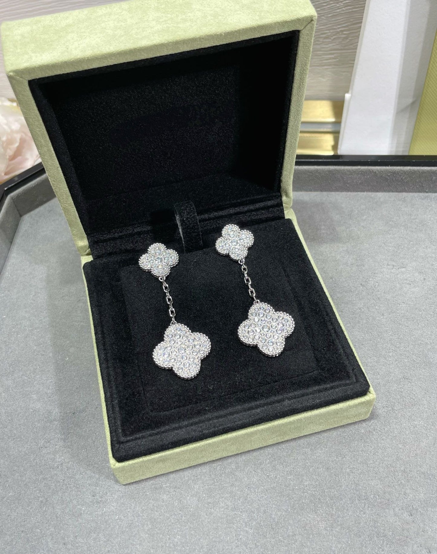 [Clover-Jewelry]CLOVER 2 MOTIFS DIAMOND PAVED SILVER EARRINGS