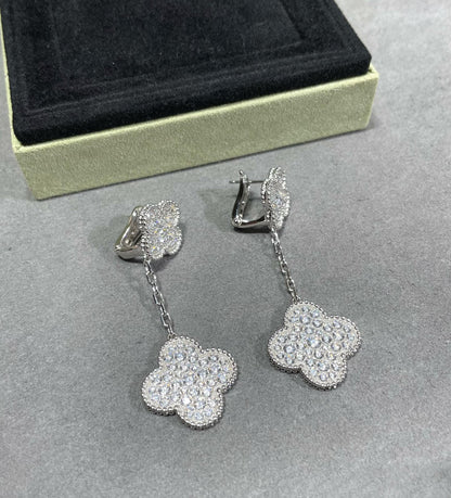 [Clover-Jewelry]CLOVER 2 MOTIFS DIAMOND PAVED SILVER EARRINGS