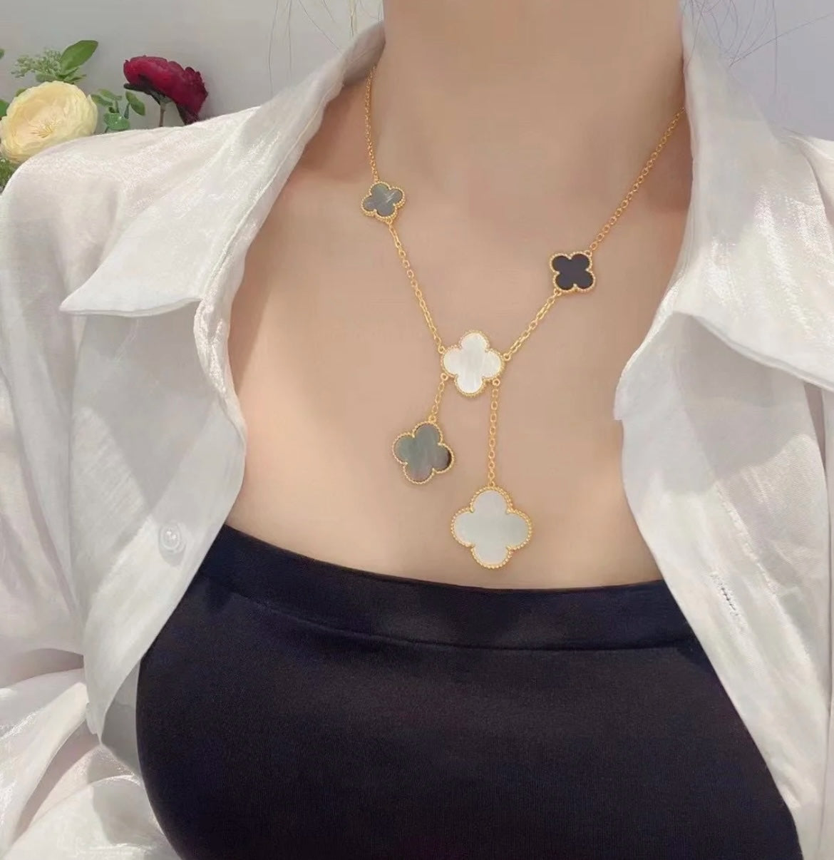 [Clover-Jewelry]CLOVER 6 MOTIF MOP ONYX GOLD NECKLACE